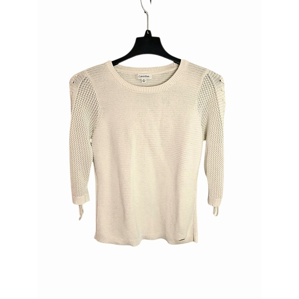 Calvin Klein White Sweater Mesh 3/4‎ Sleeves With Fringe Size Medium